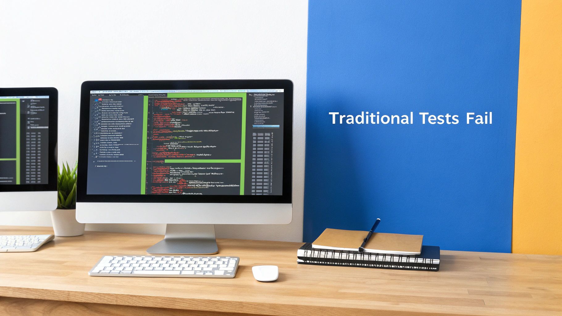 Modern desk with two monitors showing code, keyboards, and a plant. Blue wall text: 'Traditional Tests Fail'.