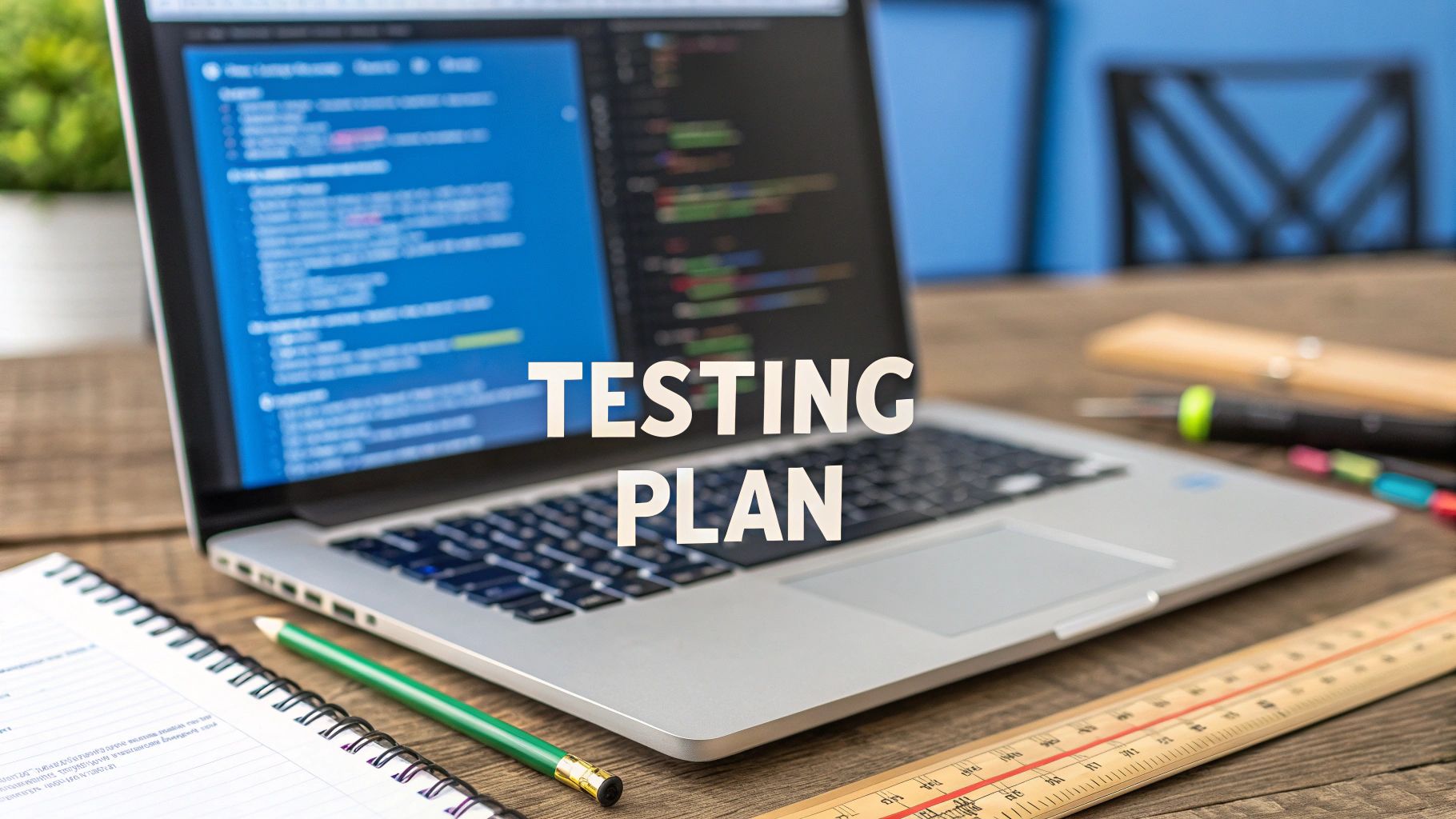 - A professional workspace with a blurred laptop displaying code, test flowcharts and an architect’s ruler in the background, featuring “Testing Plan” text prominently centered on a solid background block at the golden ratio position, photorealistic Brand & Text Realism style, surrounding elements slightly subdued to emphasize the sharp, clear text