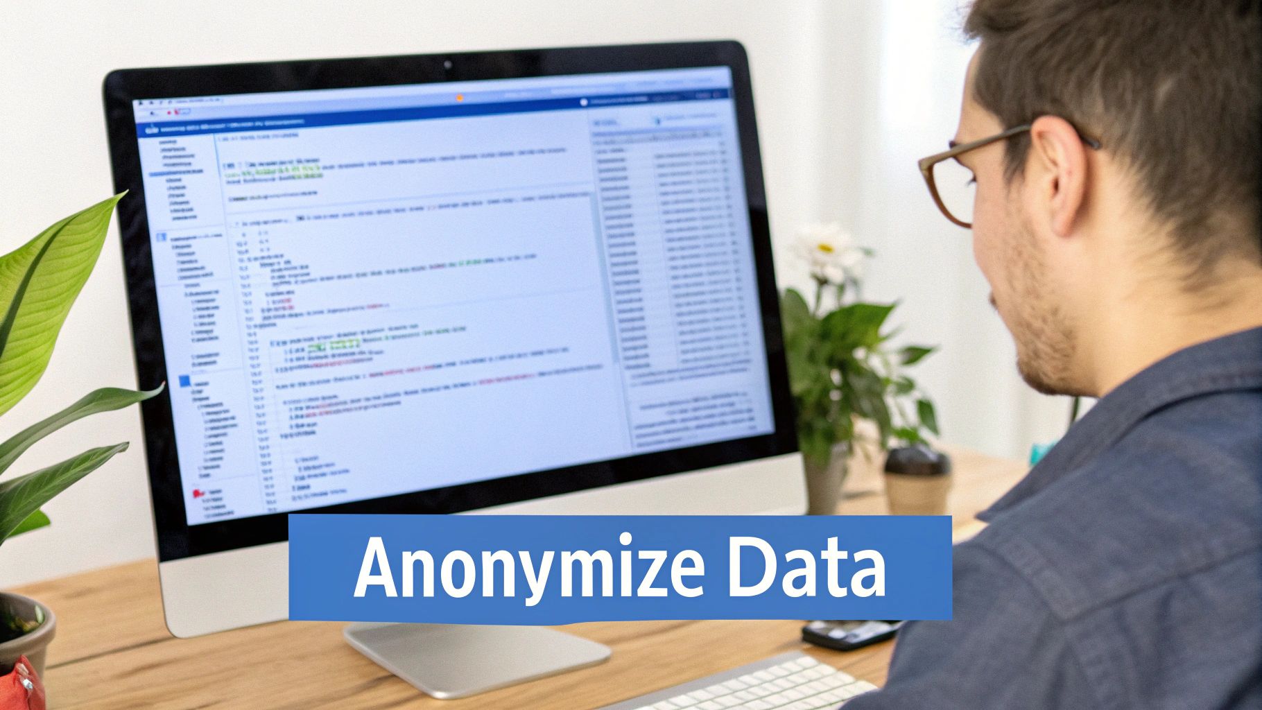 A man with glasses works on a computer displaying data, with an 'Anonymize Data' banner visible.