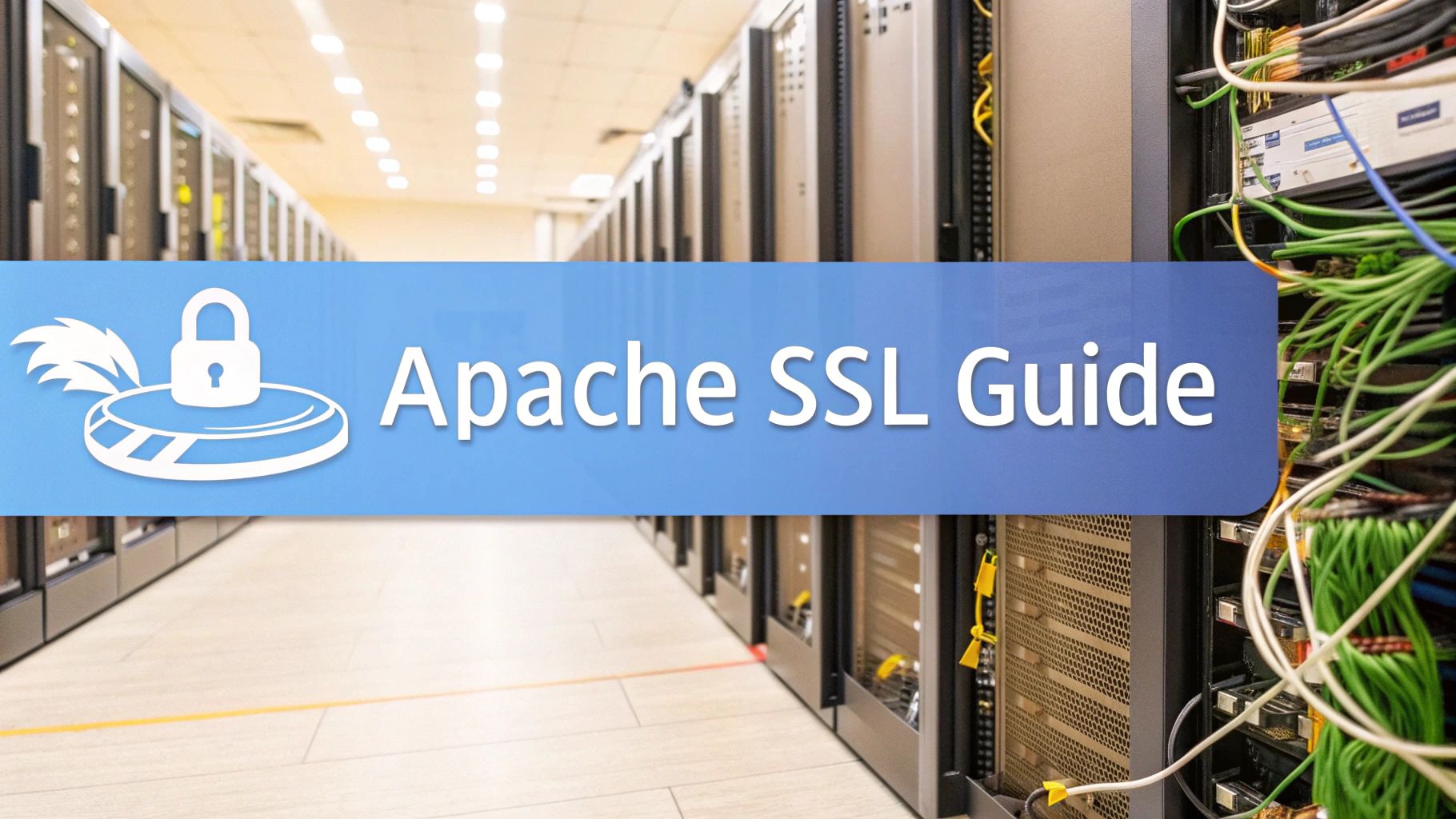 - A photo-realistic scene of a data center with network cables and server racks in soft focus, featuring "Apache SSL Guide" text prominently centered on a solid background block at the golden ratio position. Surrounding elements like a subtle padlock icon, a faint certificate emblem, and a discreet Apache feather motif enhance the theme while remaining muted to maintain text prominence.