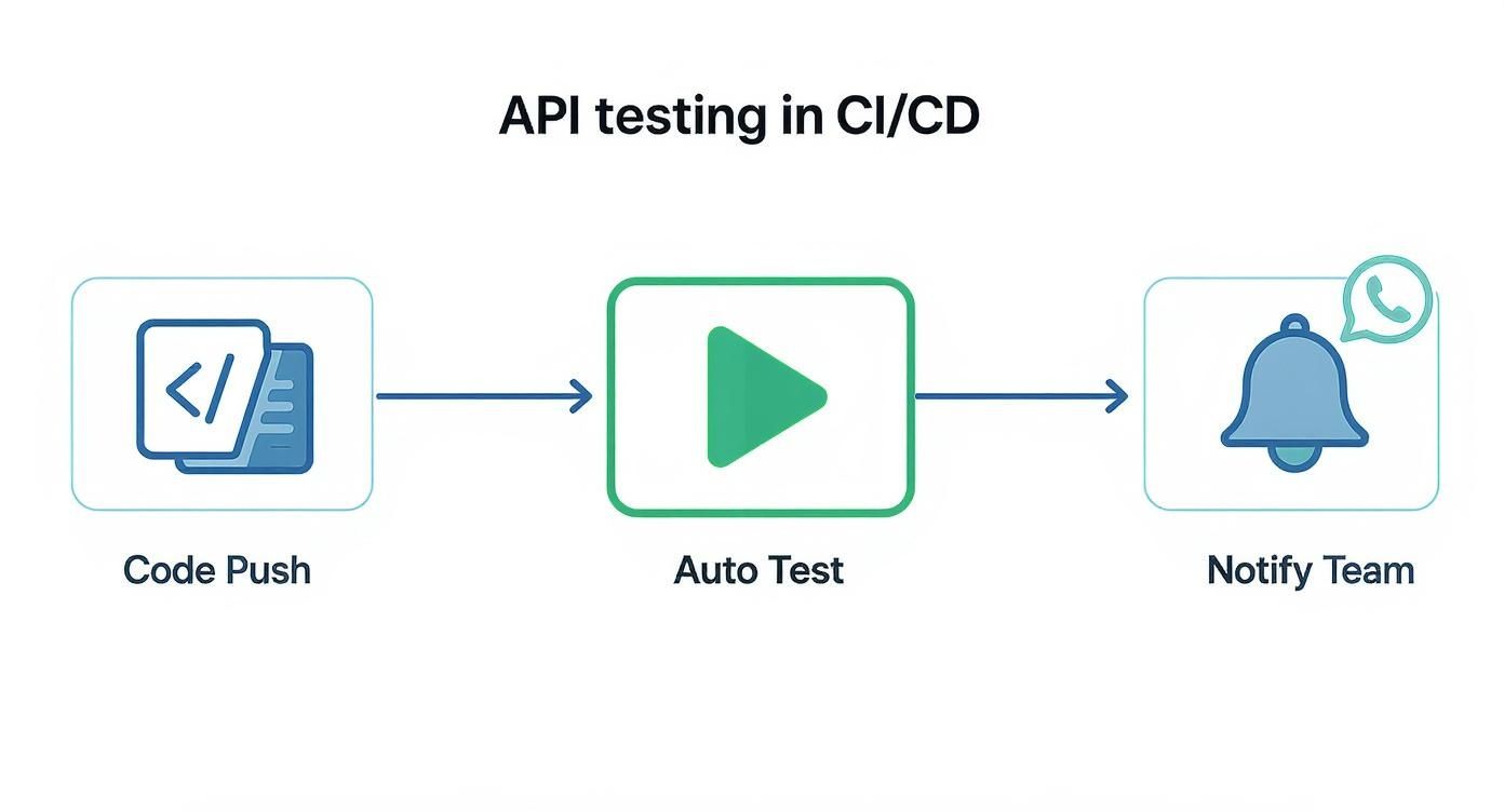 Flowchart showing API testing in CI/CD, from code push to automated testing and team notification.