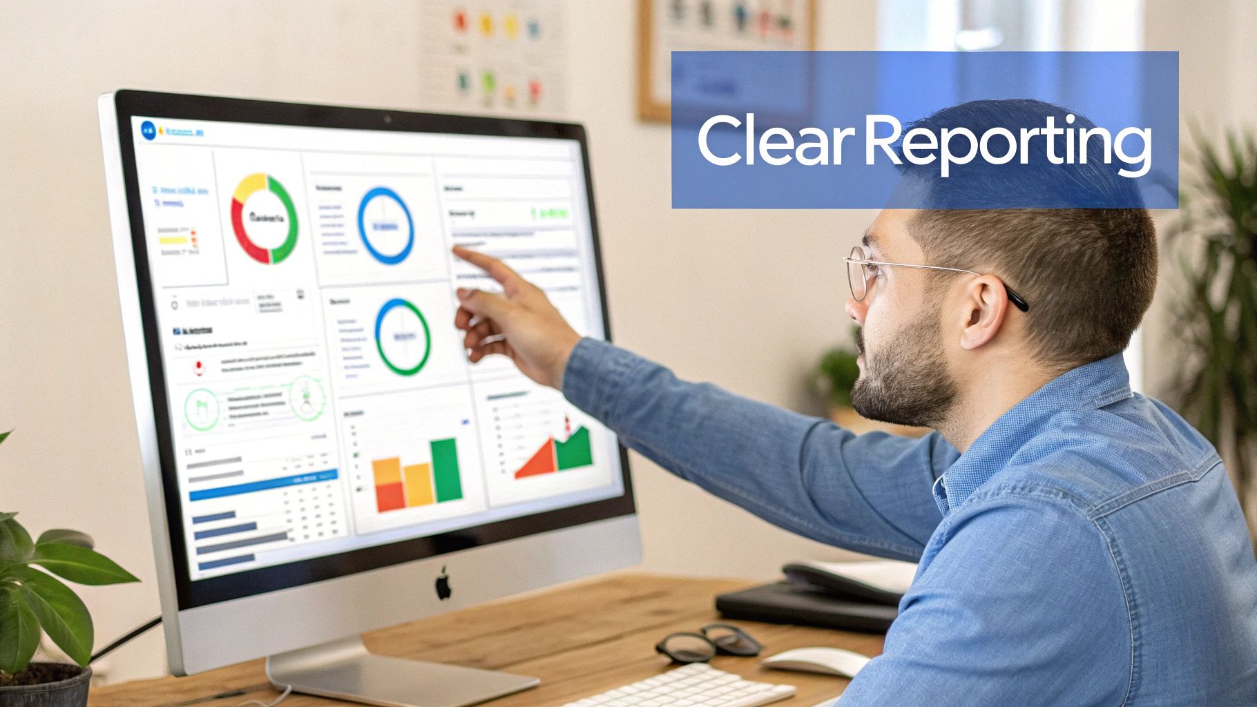 A man in glasses points at a desktop computer displaying clear data reports and analytical dashboards.