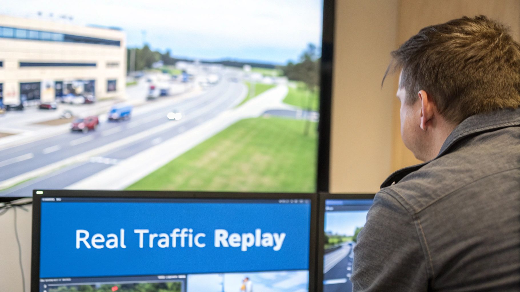 A person monitors 'Real Traffic Replay' software on multiple screens displaying a road with vehicles.