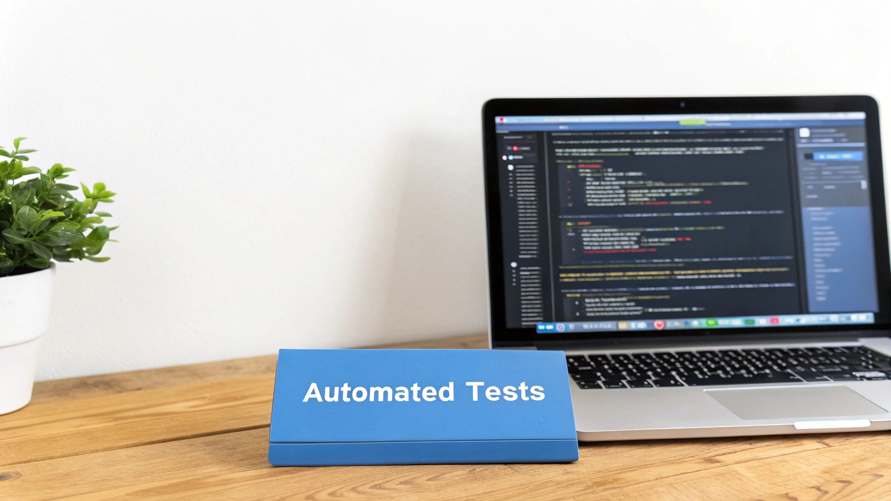 A blue sign 'Automated Tests' sits in front of a laptop displaying code on a wooden desk.