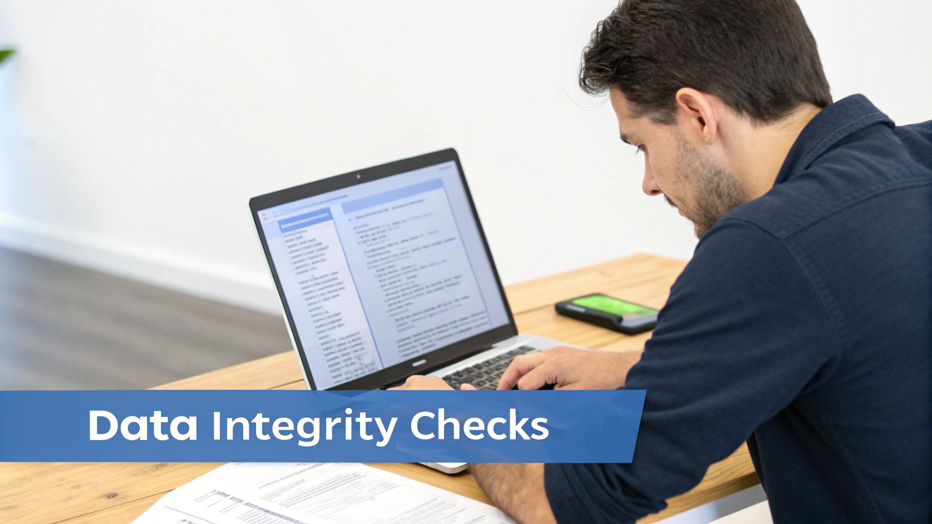 Professional man conducting data integrity checks on laptop with documents at wooden desk
