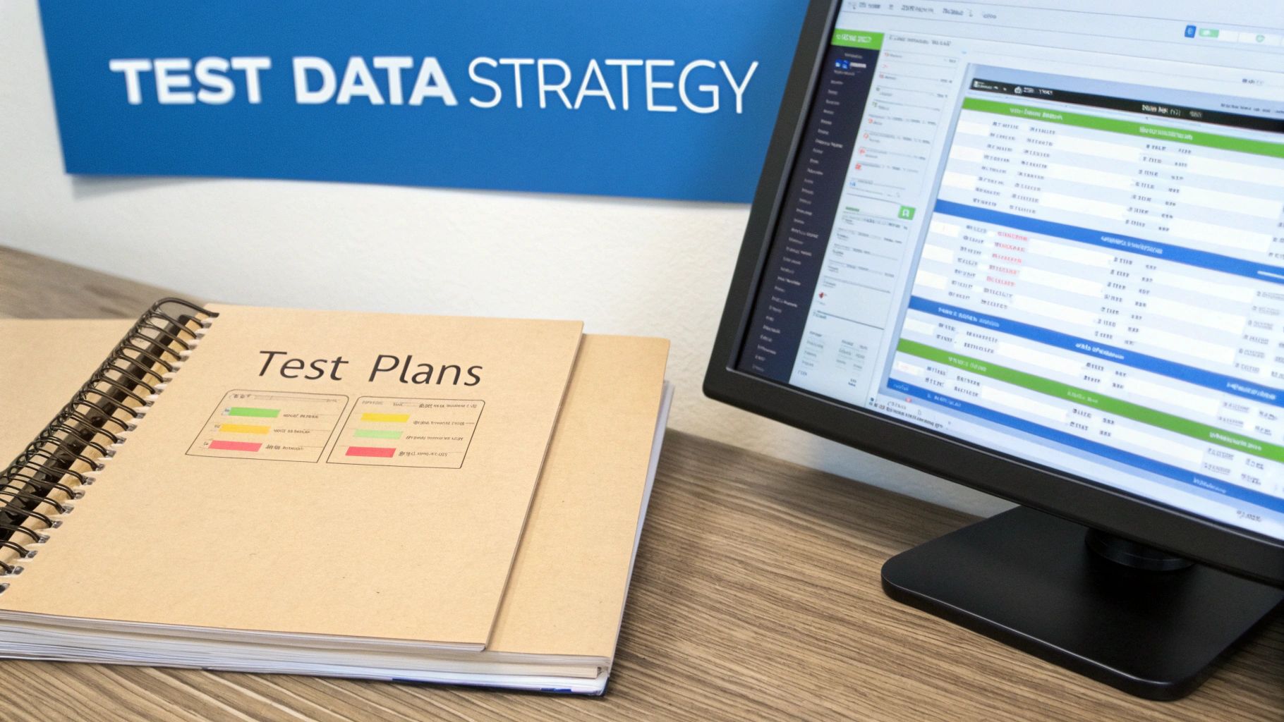 Test data strategy presentation displayed on monitor with test plans notebook on wooden desk