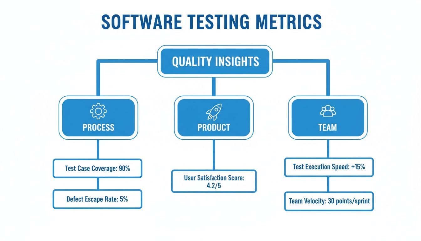 Infographic presenting software testing metrics including test coverage, defect rate, user satisfaction, and team performance.