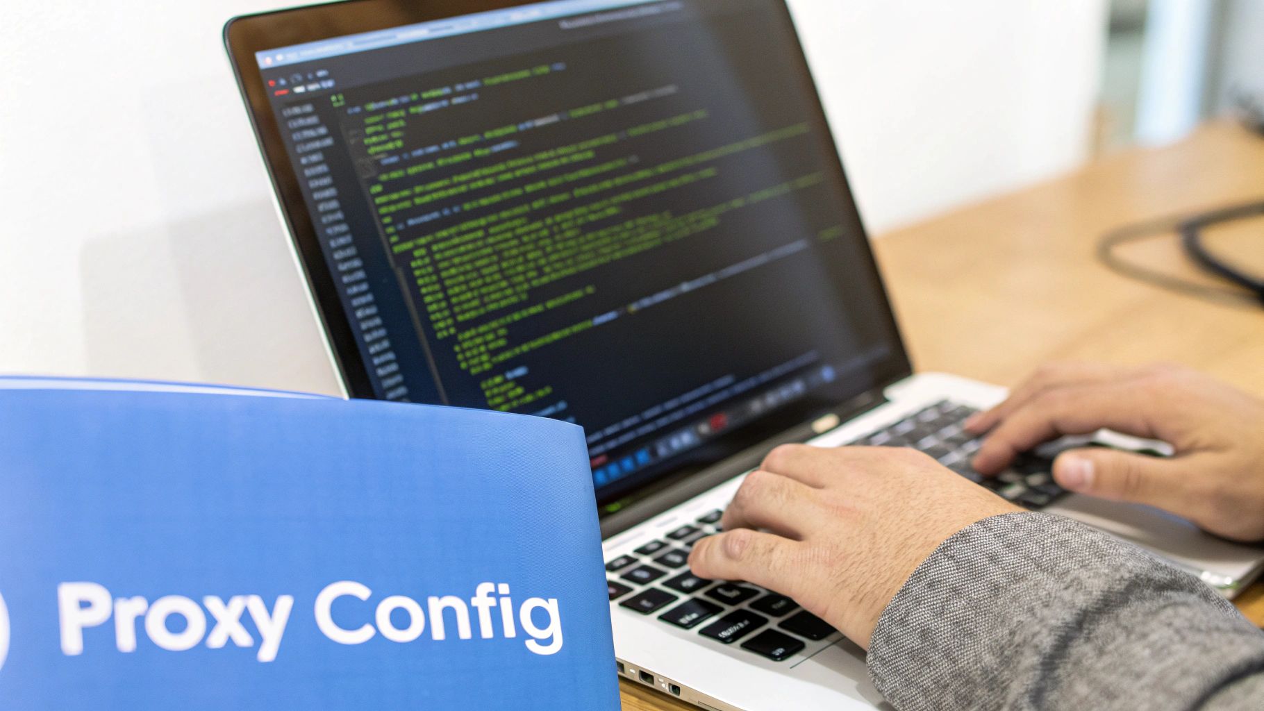 Hands typing on a laptop displaying code, next to a 'Proxy Config' folder.