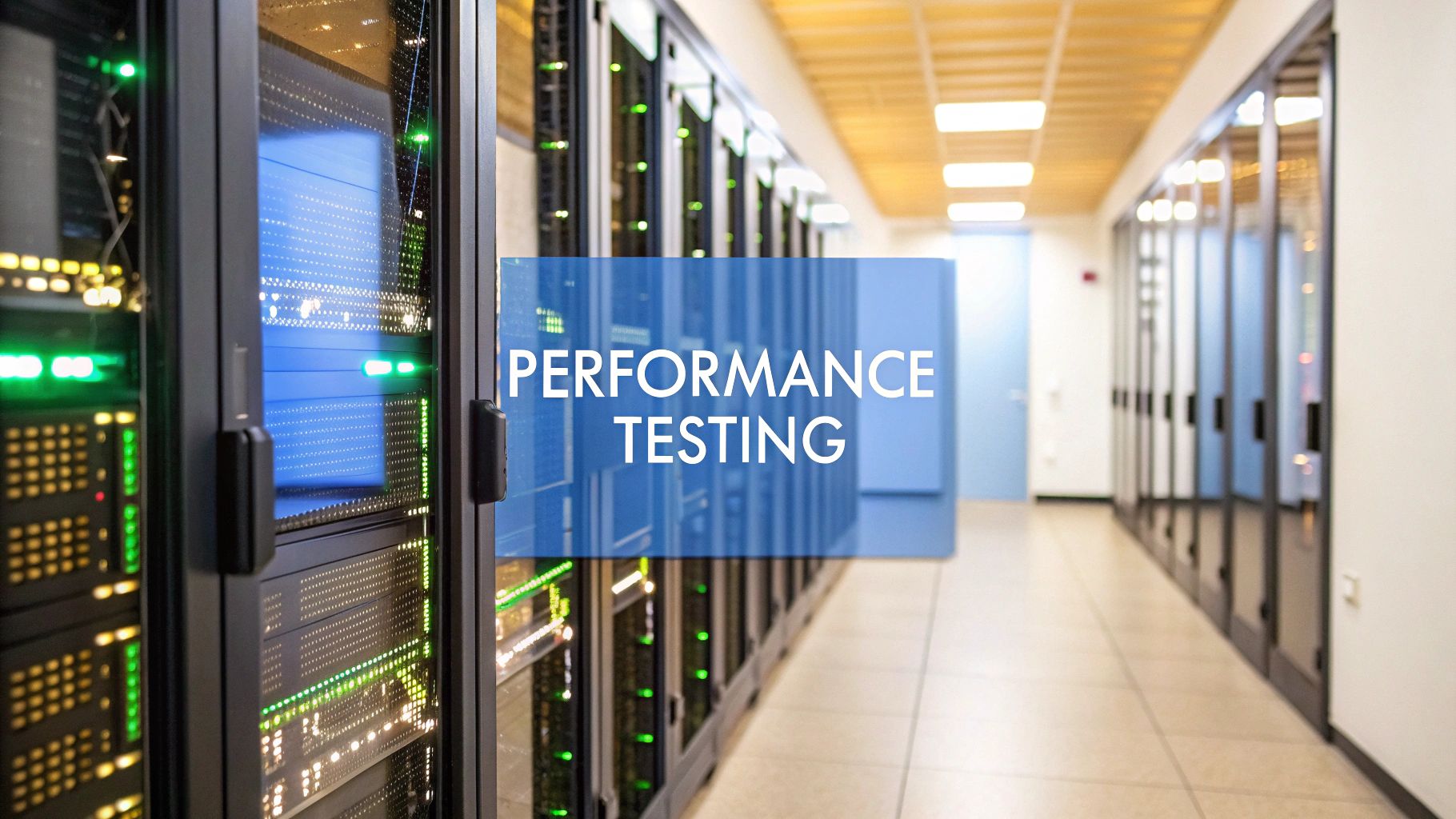 - A photo-realistic server room with glowing racks and subtle performance graphs on monitors, ‘Performance Testing’ text centered on a solid background block in the golden ratio position, surrounding elements softly blurred in a minimalist composition