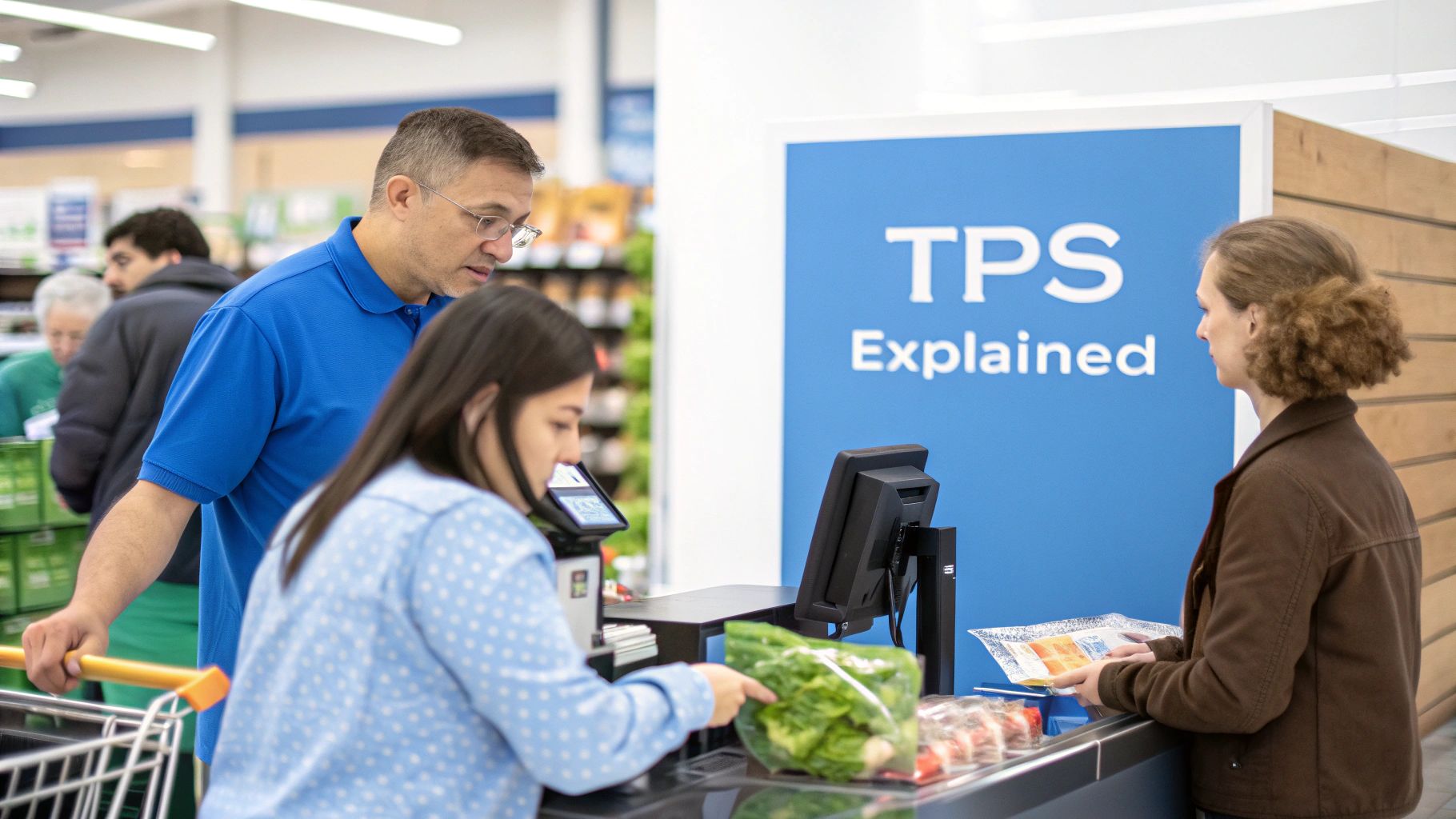 Customers engaging at a checkout counter in a modern retail store with a 'TPS Explained' sign.