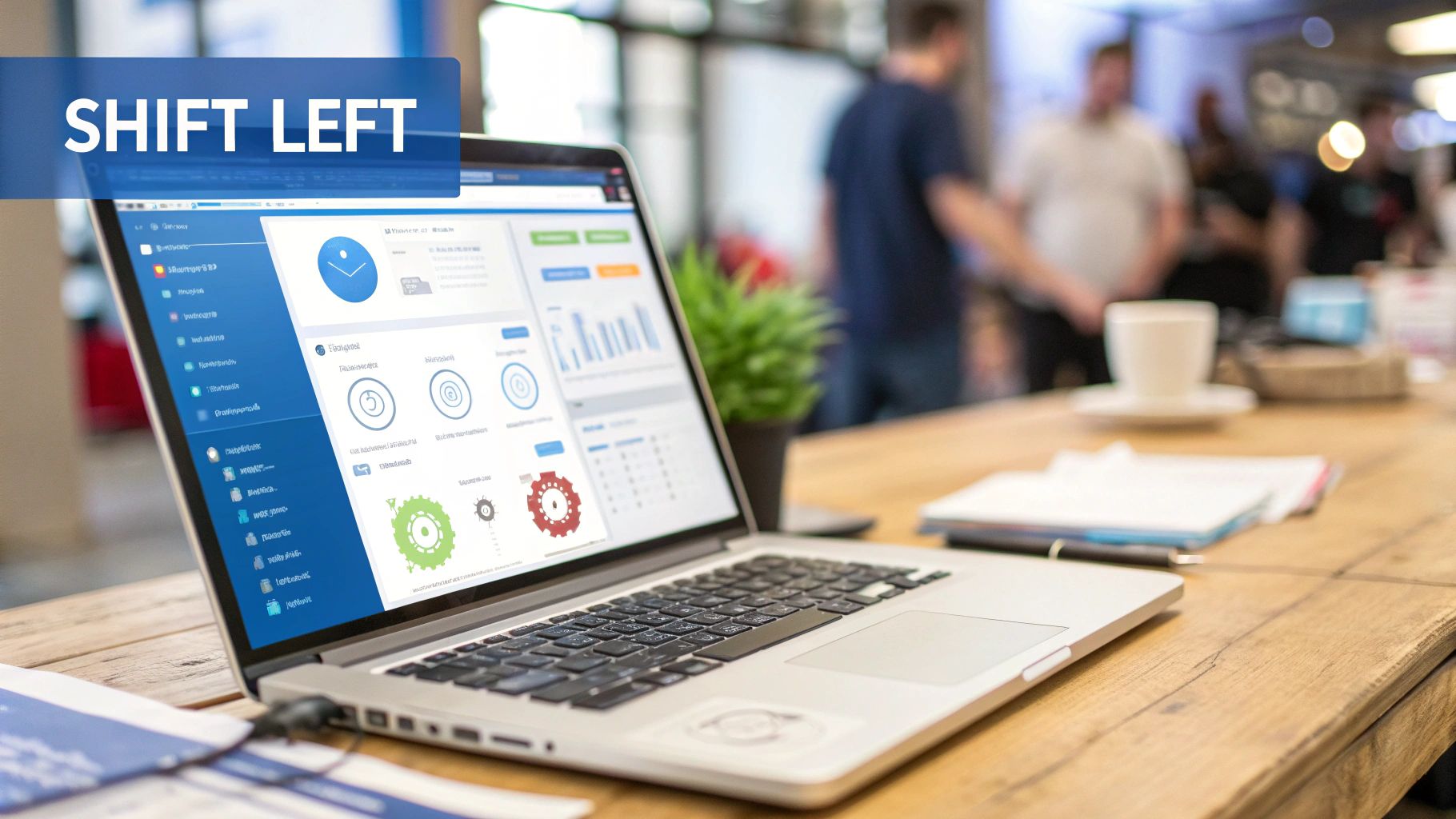 A laptop displays a 'SHIFT LEFT' software dashboard with data visualizations on a wooden desk in an office.