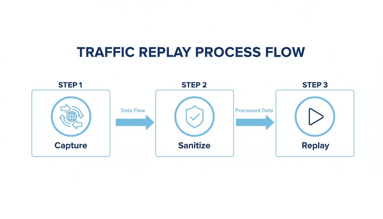 Flowchart illustrating the three-step traffic replay process: Capture, Sanitize, and Replay.