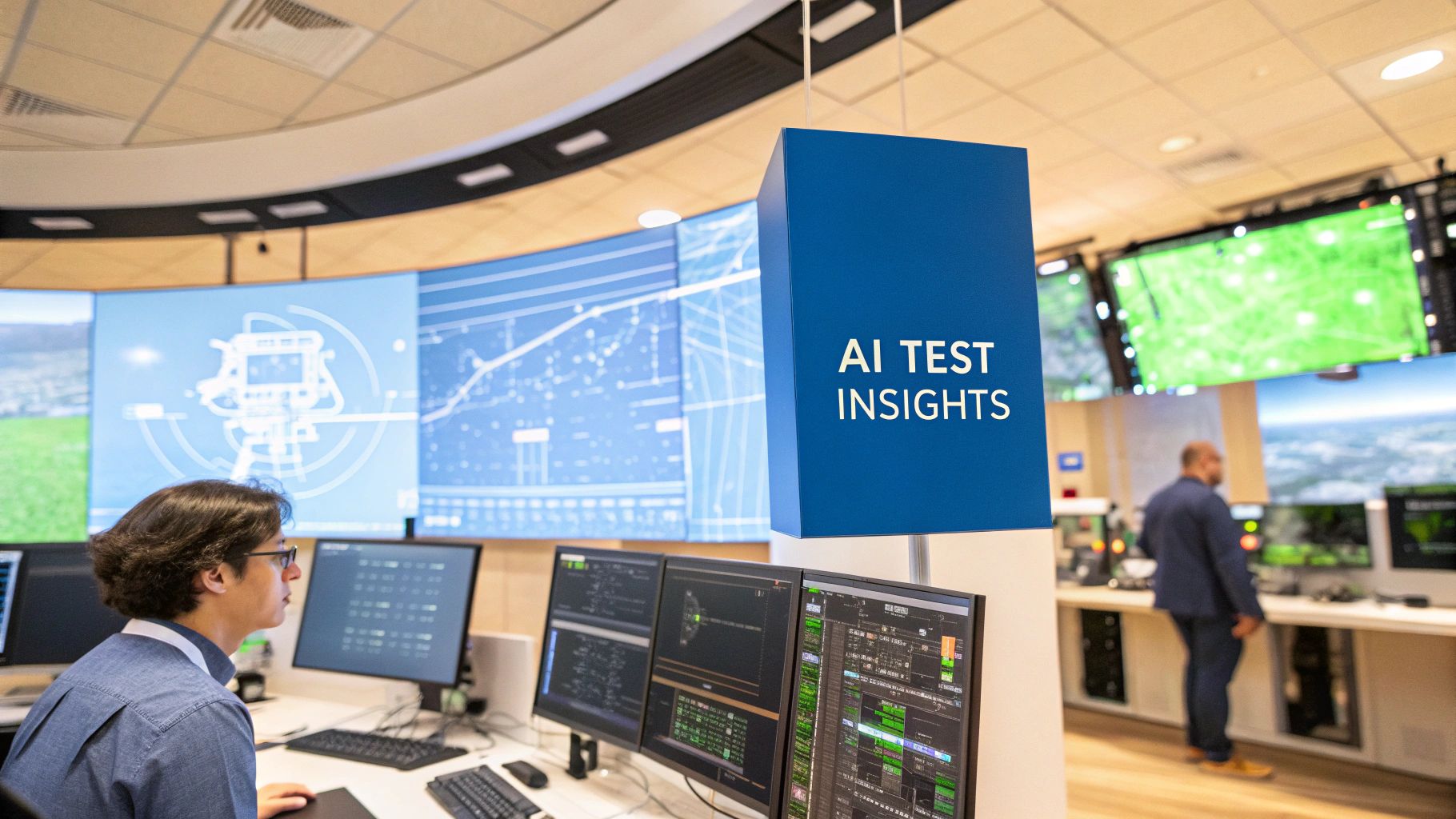 AI concept art with data streams and code, representing AI's impact on software testing
