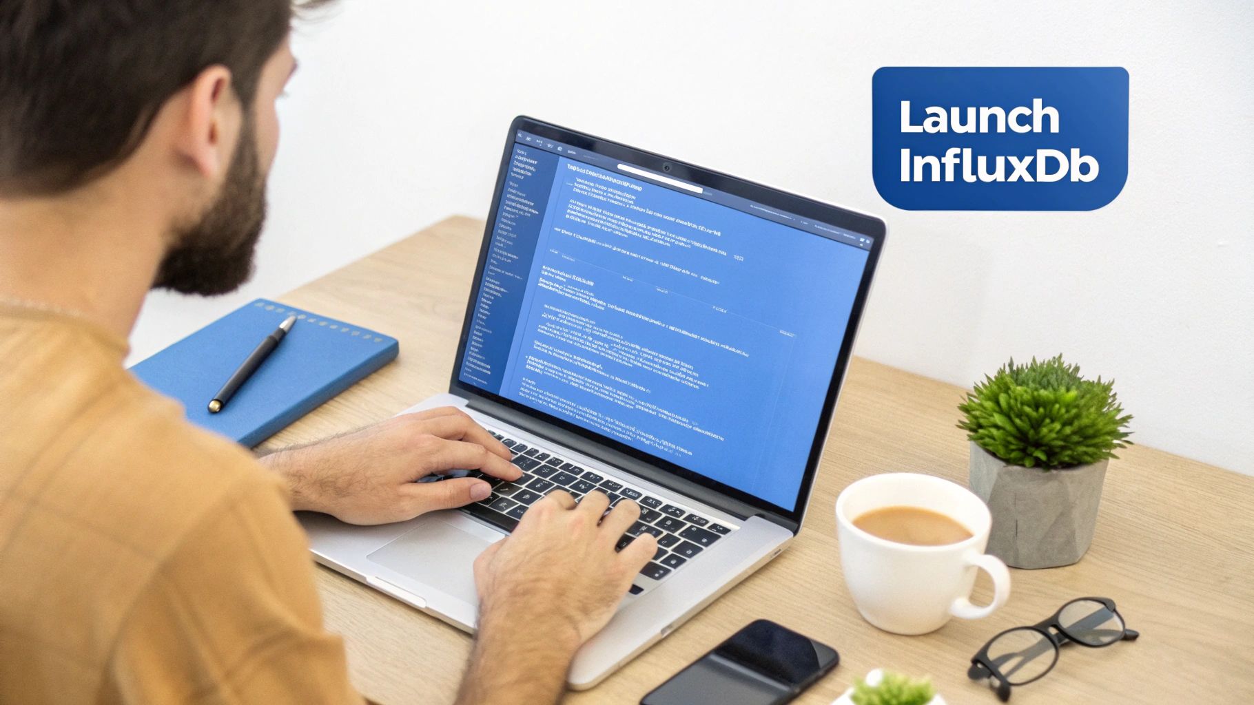 A man typing on a laptop displaying blue screen content, with a notebook, coffee, and plant on a wooden desk, and a 'Launch InfluxDb' sign.