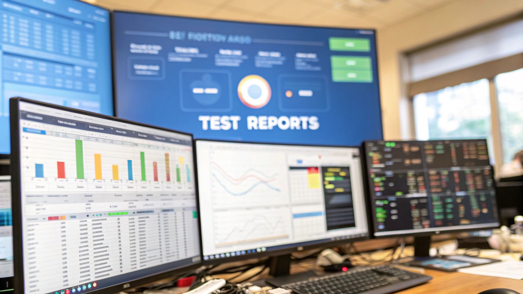 A photo-realistic high-tech workspace with blurred monitors displaying test execution dashboards and CI/CD pipelines, featuring âTest Reportsâ text centered on a solid background block in the golden ratio position, surrounded by out-of-focus QA tools like charts, metrics printouts, and code snippets to convey clarity and professional depth