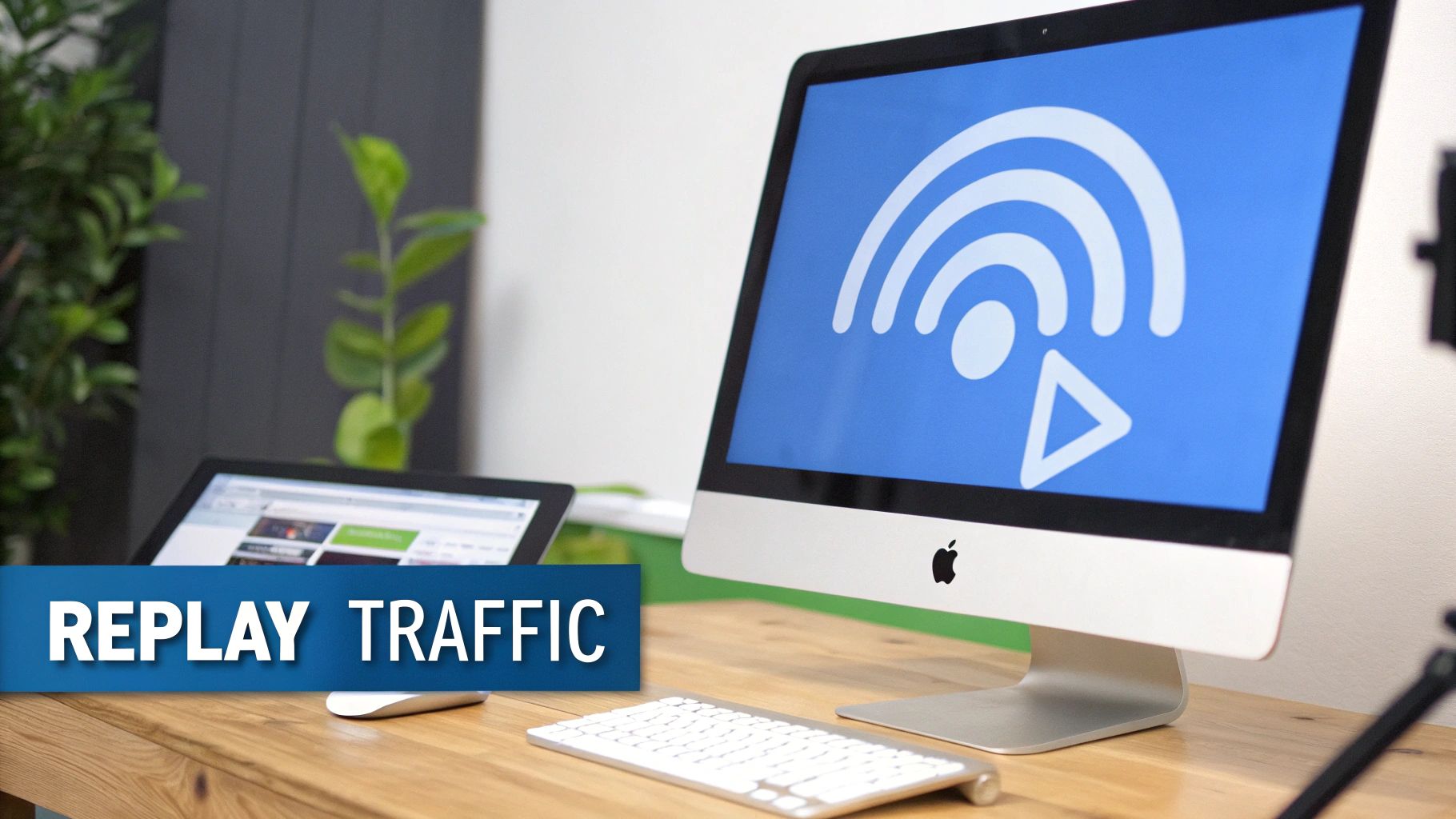 An iMac displays a Wi-Fi signal and play icon next to a keyboard and mouse, with 'REPLAY TRAFFIC' text.