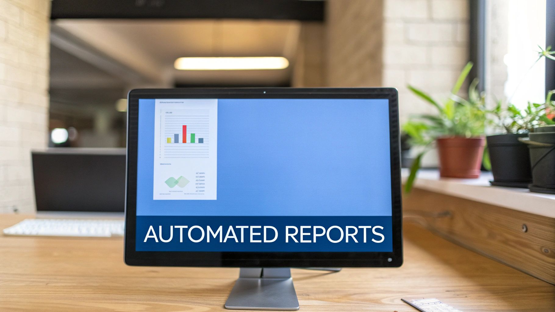 A computer monitor on a wooden desk displays an automated report with charts and data.