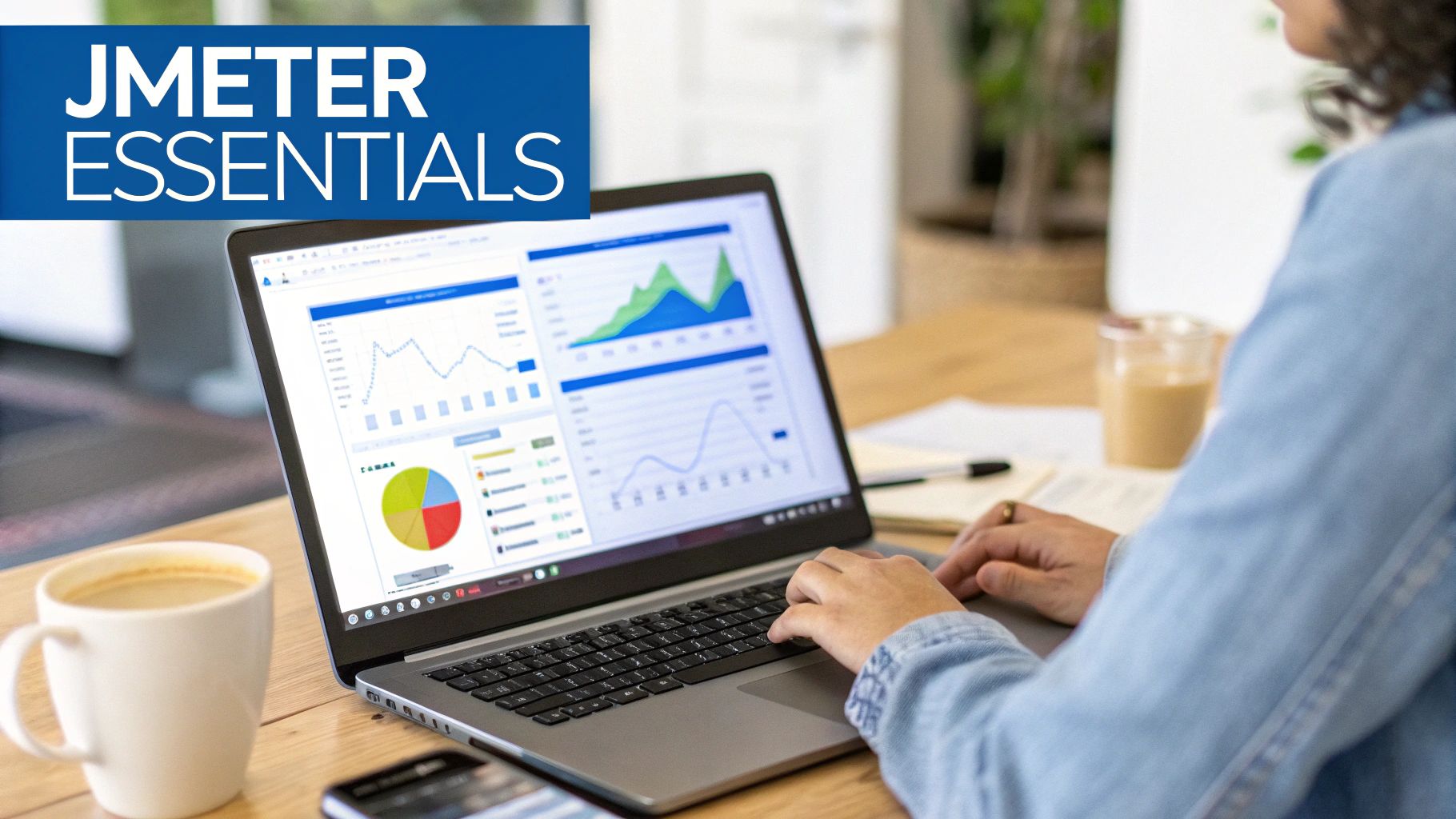 Person working on a laptop displaying data visualizations, charts, and 'JMeter ESSENTIALS' text.
