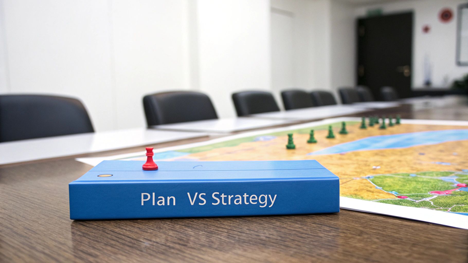 A chess board with pieces set up, representing the difference between overall strategy and specific tactical plans.