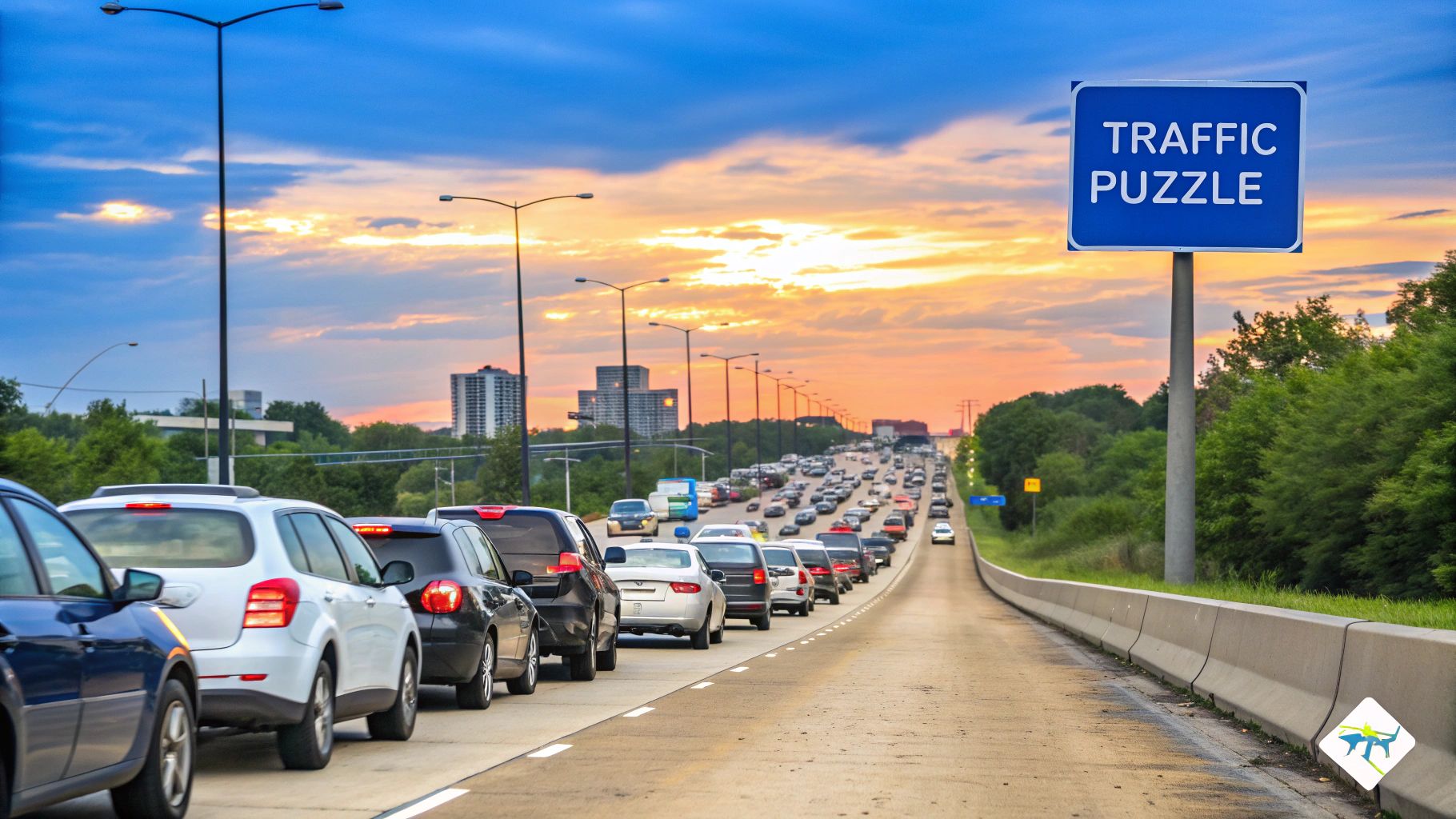A birds-eye view of a congested highway intersection with cars moving in multiple directions.