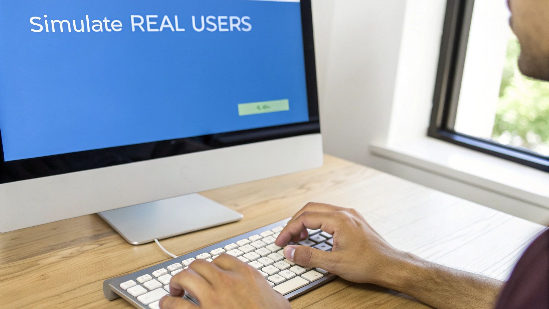 A person types on a keyboard in front of a computer screen displaying 'Simulate REAL USERS'.