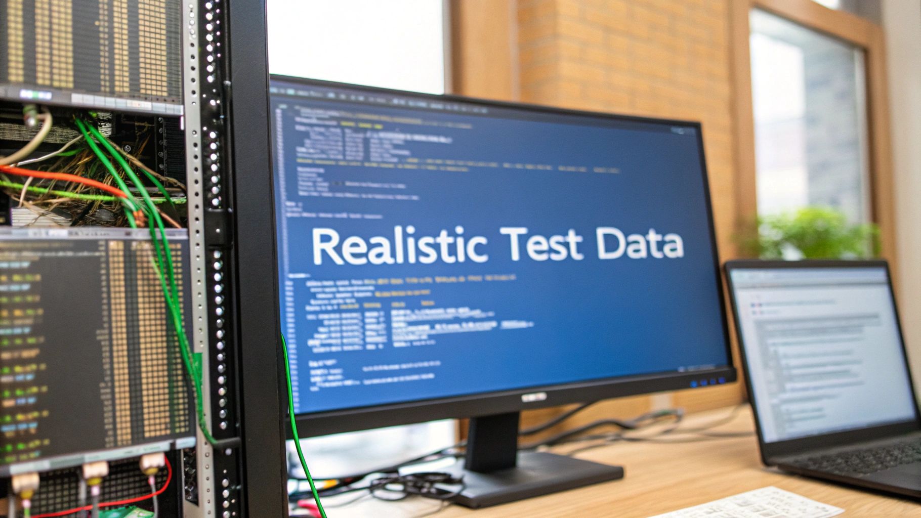 - A developer workspace with blurred code editors and network diagrams on screens, featuring 'Realistic Test Data' text prominently displayed on a solid background block in the golden ratio position, with subtle server rack and network cable details framing the composition in a photo-realistic Brand & Text Realism style