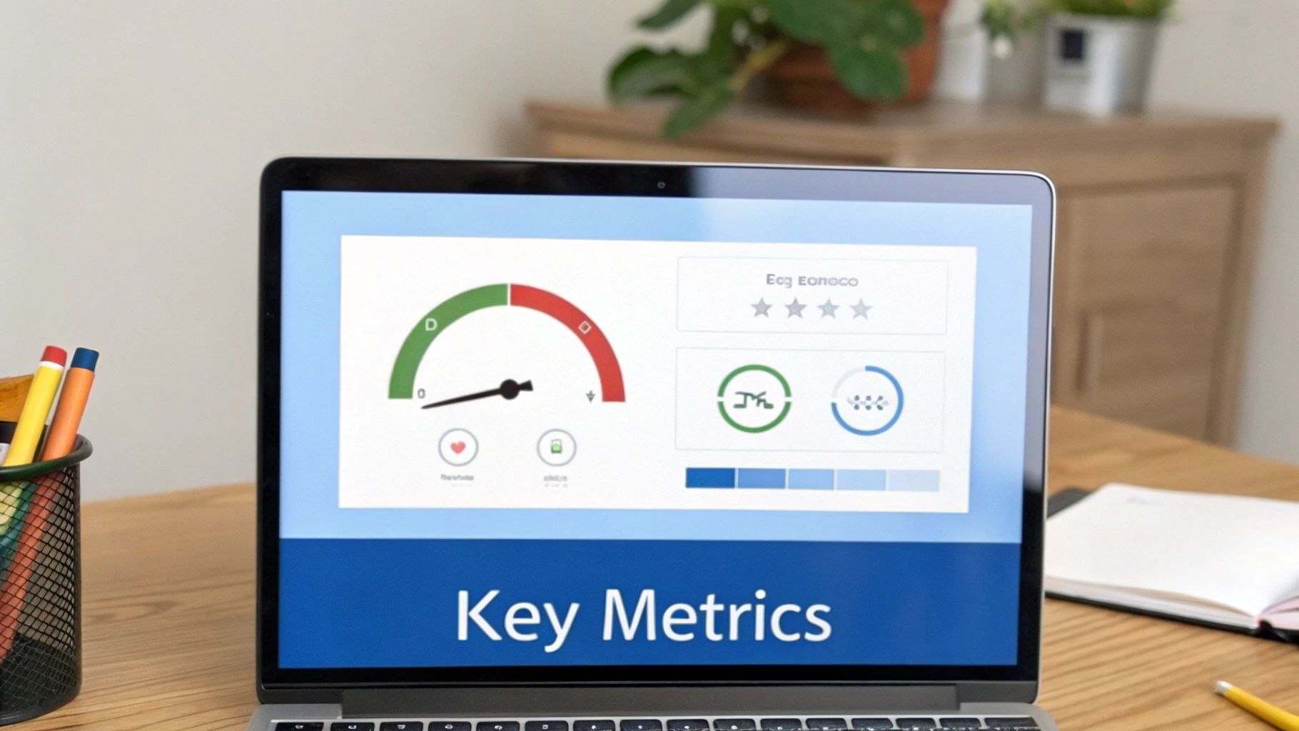 A laptop displays a 'Key Metrics' dashboard with gauges, stars, and charts on a wooden desk.