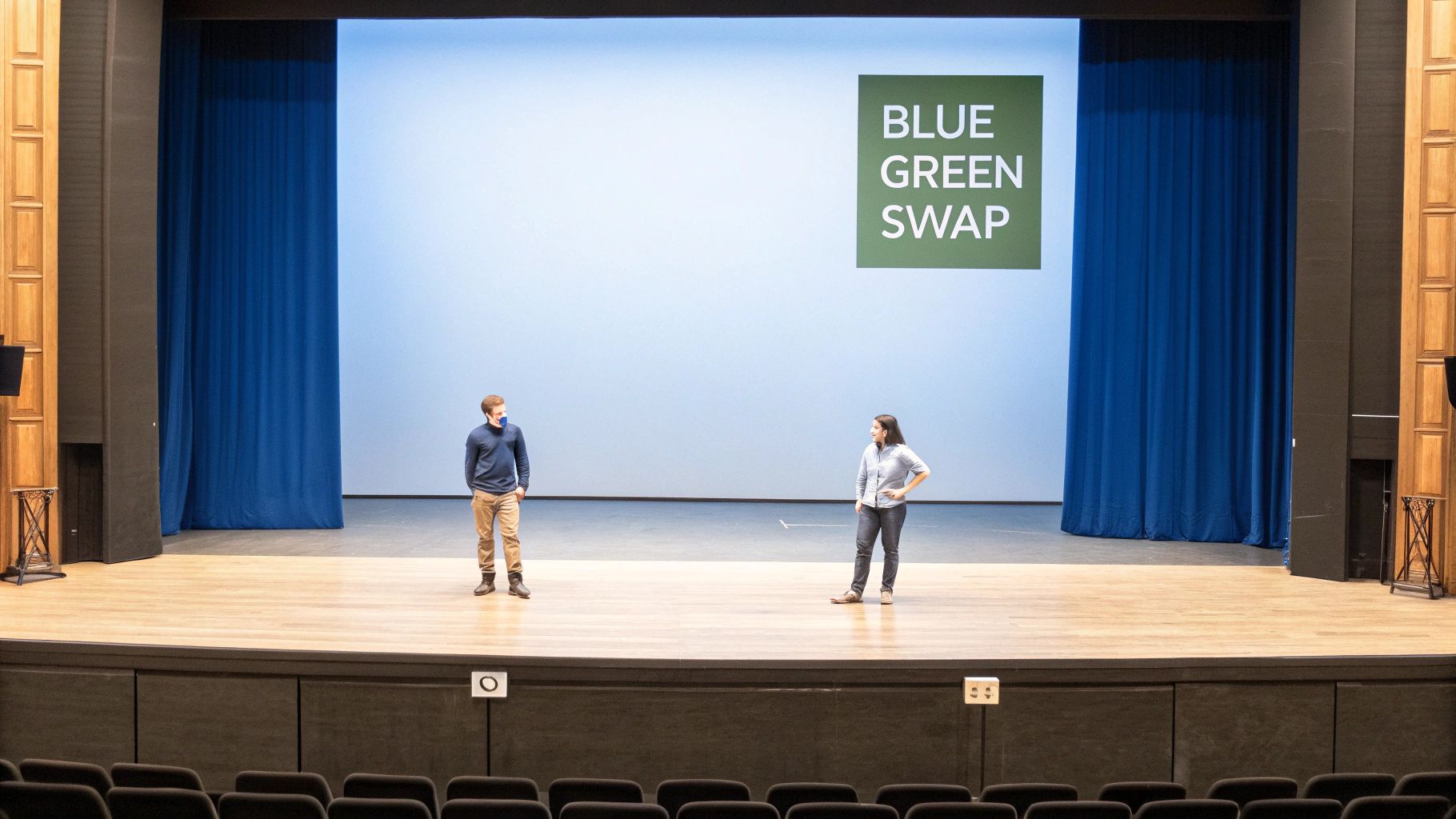 Two people on a stage with a screen displaying 'BLUE GREEN SWAP' text in an auditorium.