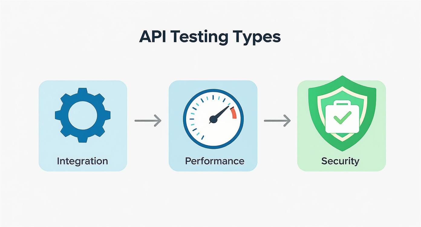 A visual guide to API testing types, including Integration, Performance, and Security, depicted with icons.