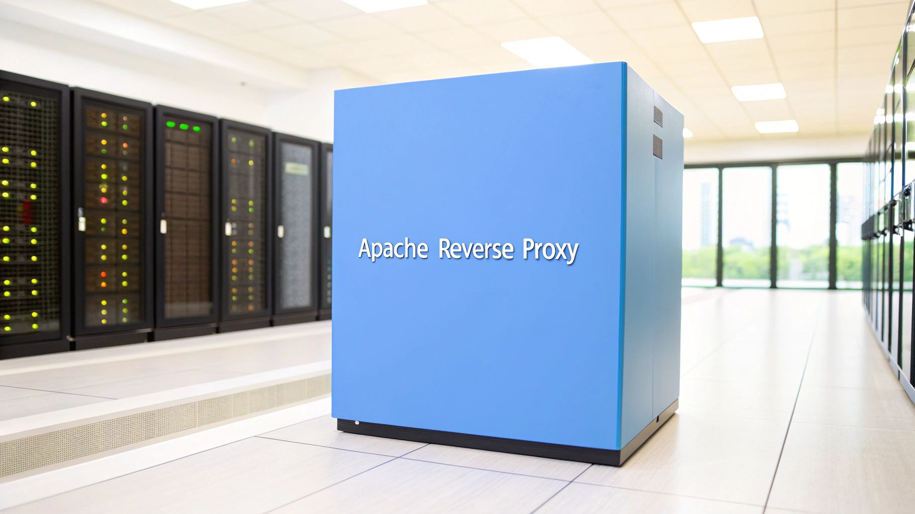 Photo-realistic brand & text realism style â A minimalist data center environment with server racks receding into soft focus, featuring âApache Reverse Proxyâ text centered on a solid background block in the golden ratio position â Subtle blurred network diagram and out-of-focus terminal window in the background to hint at configuration and proxying â Soft directional lighting and clean metallic surfaces emphasizing the central text block