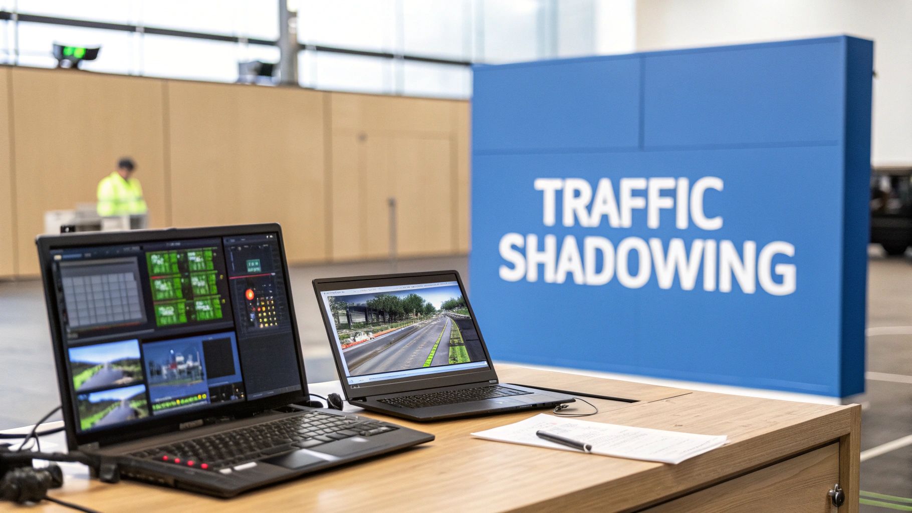 Two laptops on a wooden desk display traffic simulation and monitoring feeds, with a 'TRAFFIC SHADOWING' sign in the background.