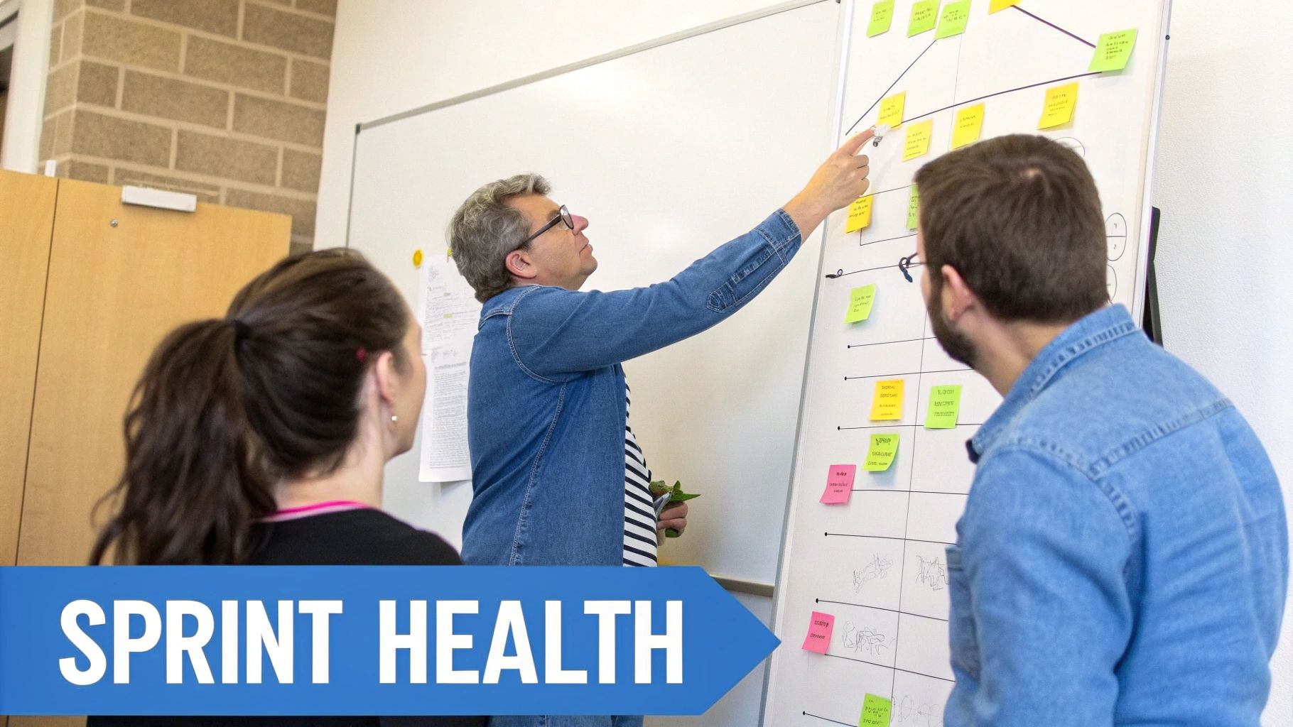 Three colleagues discuss a project using colorful sticky notes on a whiteboard during a 'Sprint Health' meeting.