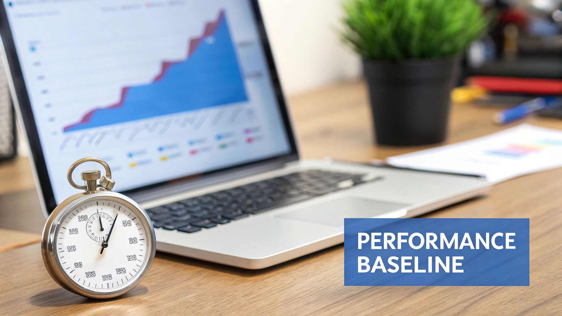 Stopwatch on desk with laptop displaying a performance graph and 'PERFORMANCE BASELINE' text.