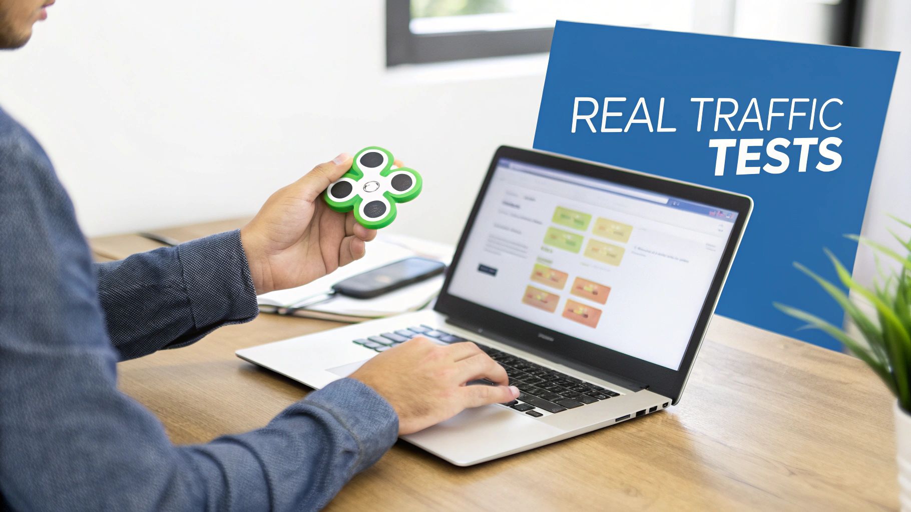 Professional conducting real traffic tests on laptop while holding fidget spinner at desk