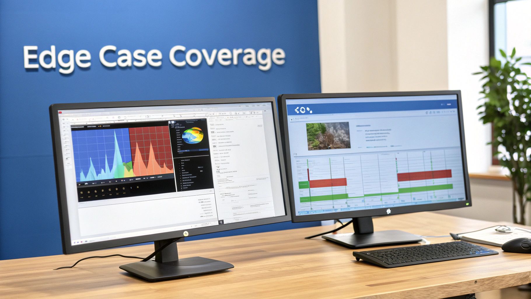 Two computer monitors display data visualizations and charts on a wooden desk in a modern office.