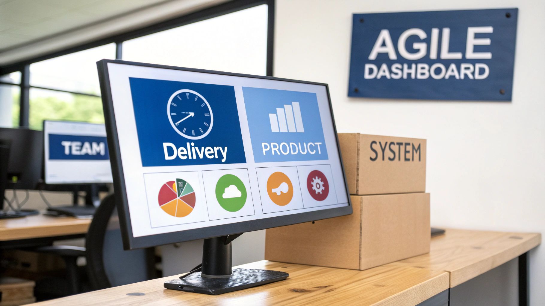 A computer monitor displays an agile performance dashboard with metrics for delivery and product in an office.