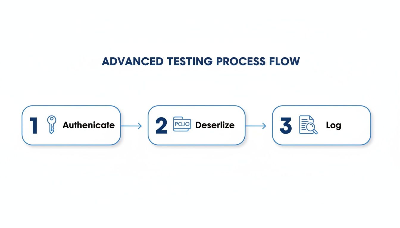 Diagram illustrating an advanced testing process flow with steps: Authenticate, Deserialize, and Log.