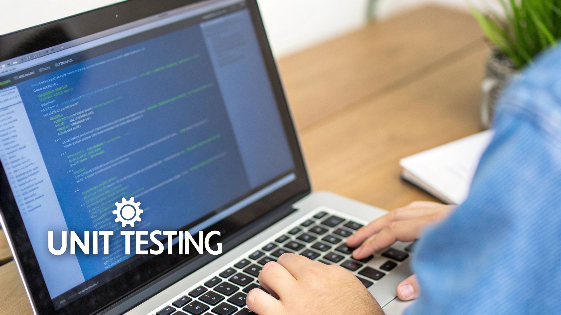 A developer's hands typing on a laptop with code on the screen, illustrating the hands-on nature of unit testing.