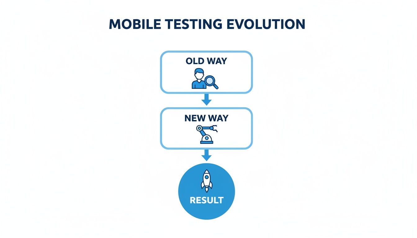 Flowchart illustrating mobile testing evolution from manual human testing to automated robot processes for faster results.