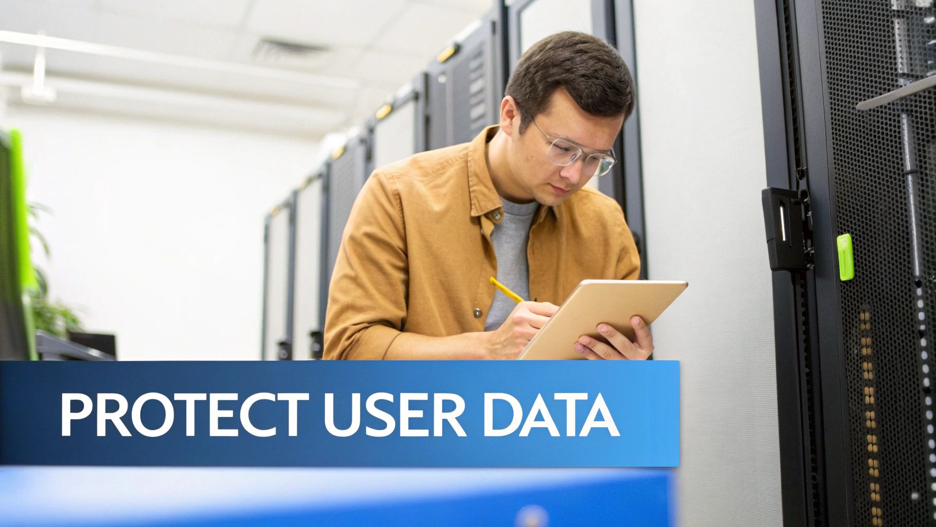 IT professional with tablet checking server data security in modern data center facility