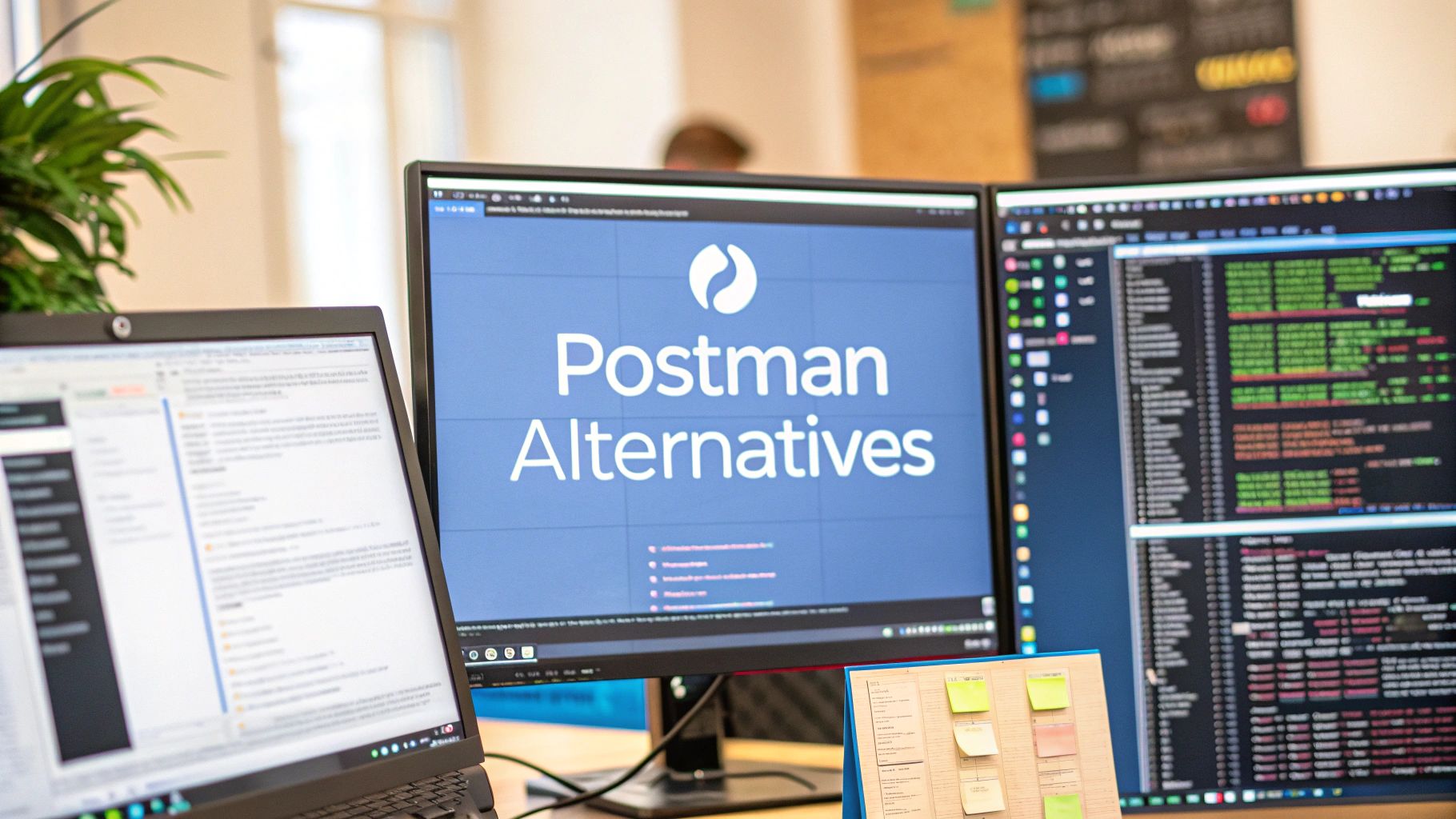 - A photo-realistic developer workspace with overlapping code editor windows, terminal consoles, and API request flowcharts softly blurred in the background, featuring 'Postman Alternatives' text centered on a solid background block at the golden ratio position, text rendered with sharp, clear edges and high contrast, surrounding tech imagery subdued to maintain text prominence