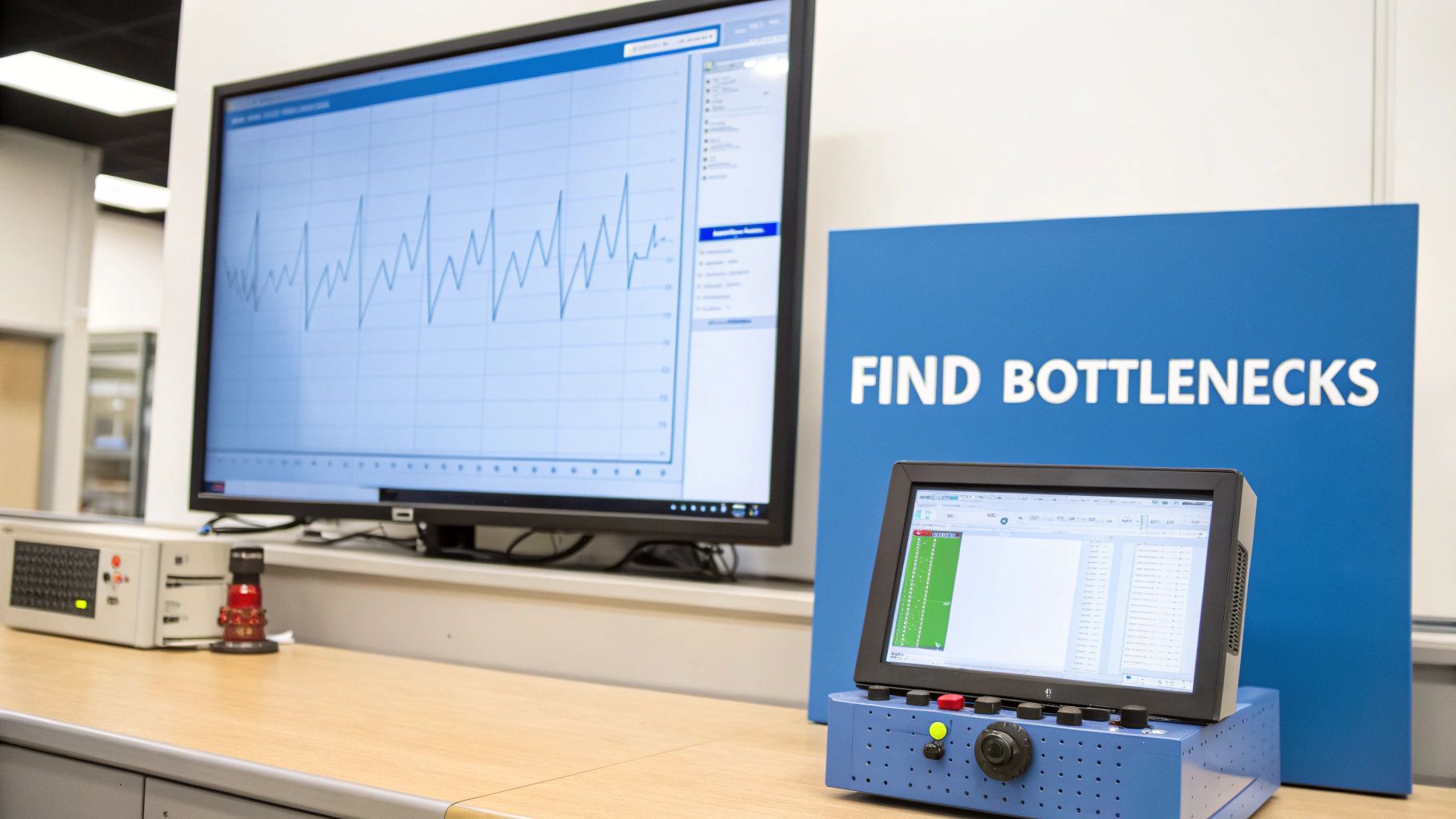 Testing equipment on a desk, with monitors displaying data graphs and detailed logs to find bottlenecks.