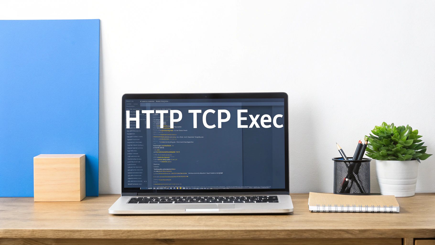 A laptop displaying "HTTP TCP Exec" code on screen, with a plant and office supplies on a wooden desk.