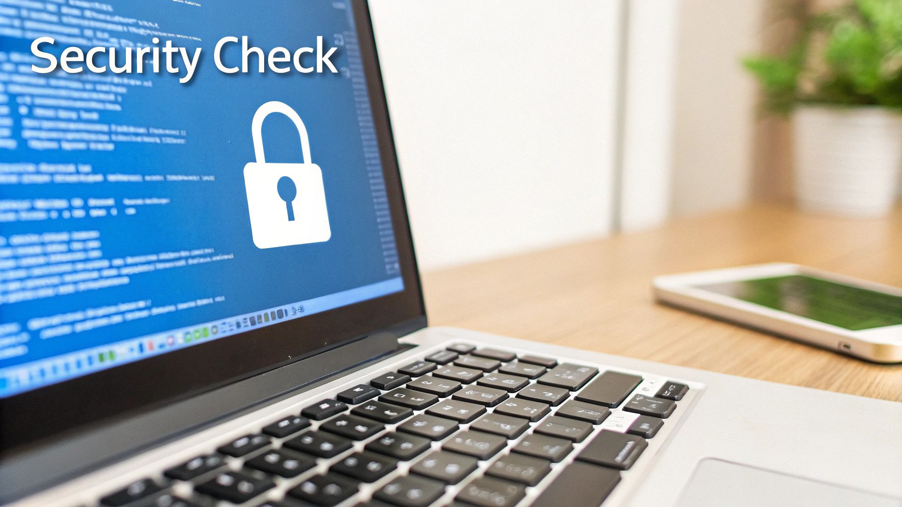 A laptop screen displays 'Security Check' text and a padlock icon on a wooden desk.