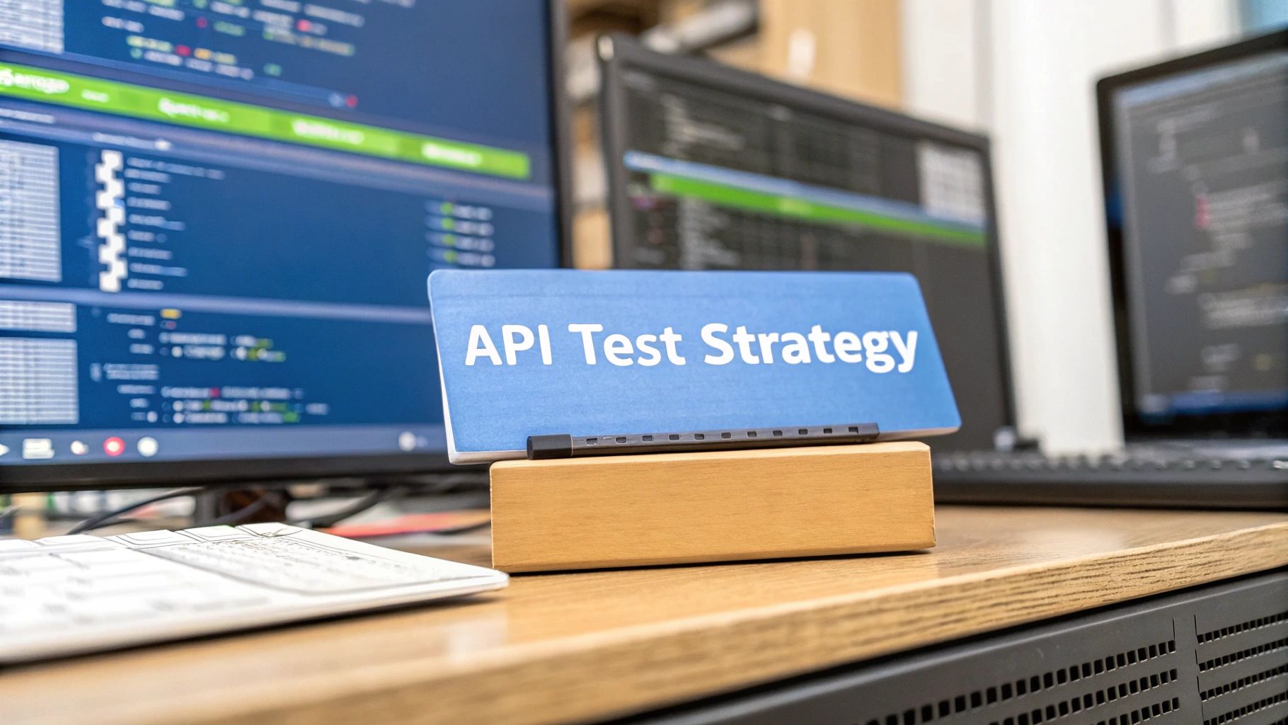 A photo-realistic image of a professional developer workspace with subtle out-of-focus elements like code editor windows, network topology diagrams, and server hardware in the background, featuring “API Test Strategy” text prominently centered on a solid background block in the golden ratio position, text rendered with sharp, clear edges and high contrast, surrounding imagery subdued to keep focus on the text