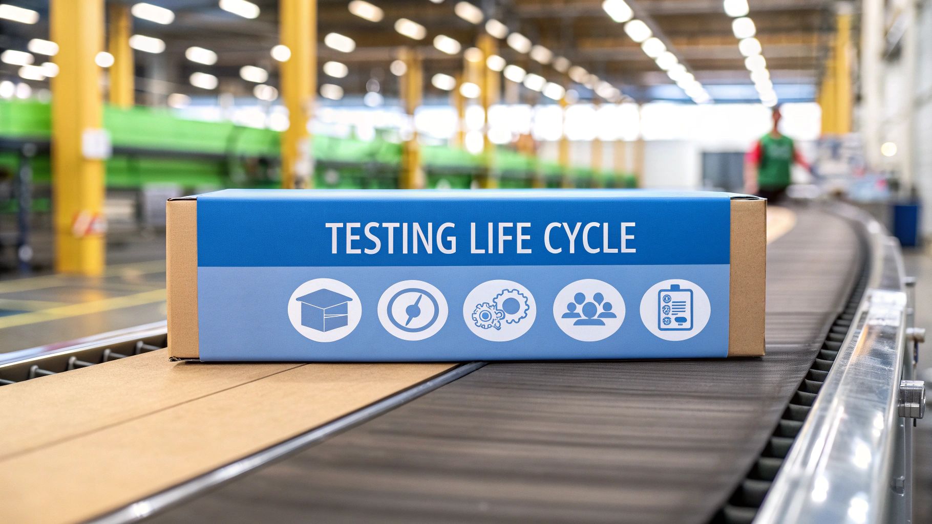 - A photo-realistic scene with a streamlined assembly line showing icons for requirements, planning, design, environment setup, execution, reporting, and maintenance, with 'Testing Life Cycle' text centered on a solid background block in the golden ratio position, the surrounding phase markers and conveyor belt subtly muted to ensure the text stands out crisply as the focal point