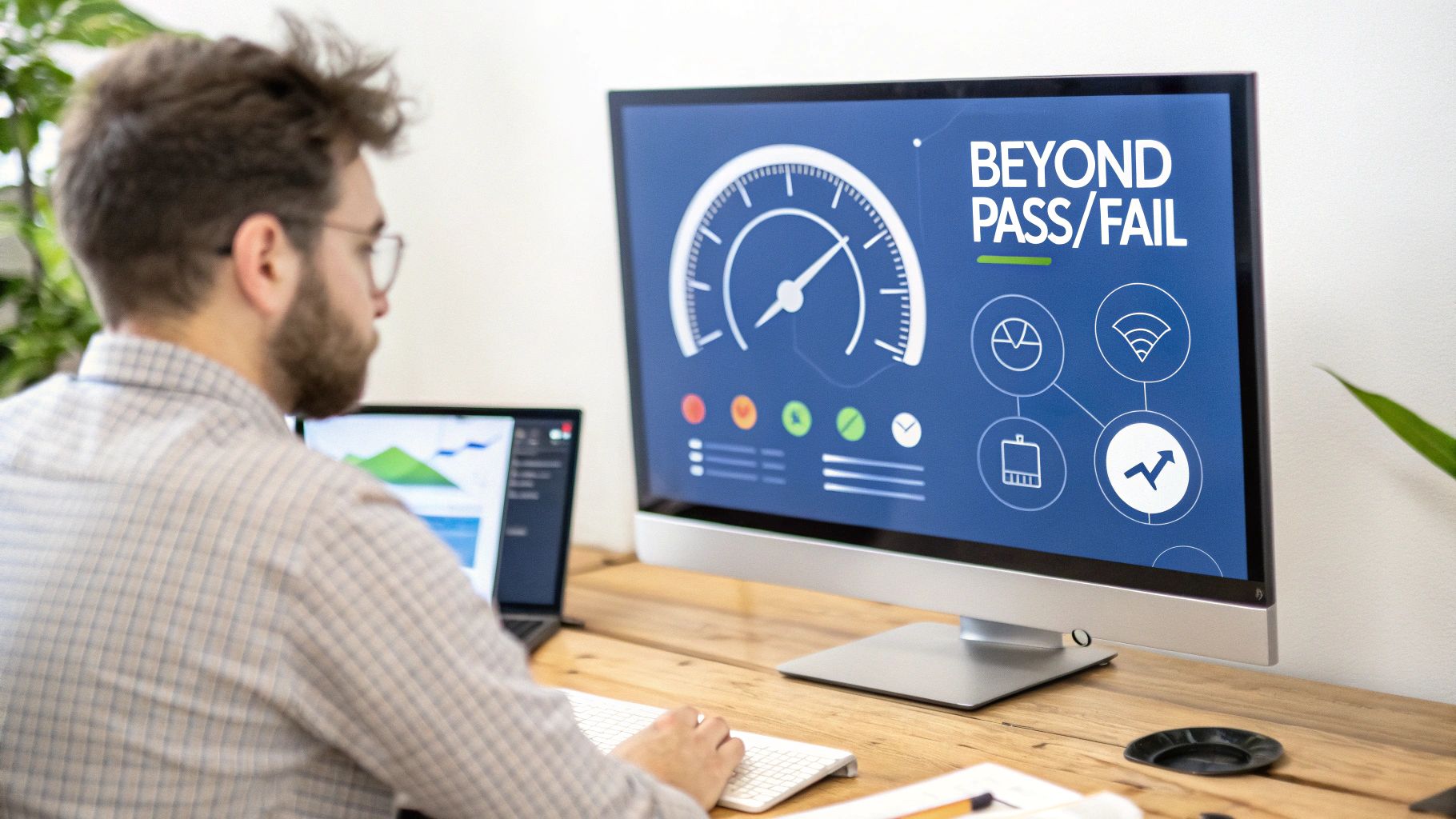 A person views a dashboard with 'BEYOND PASS/FAIL' and performance metrics on a computer monitor.