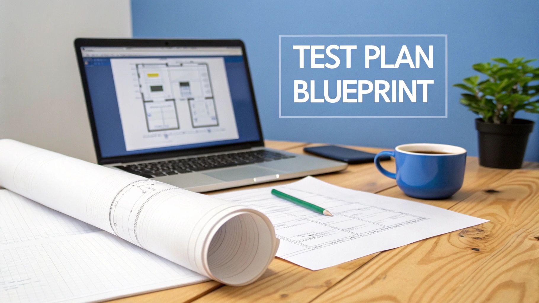 Desk setup with a laptop, architectural blueprints, a coffee mug, and a plant on a wooden table.