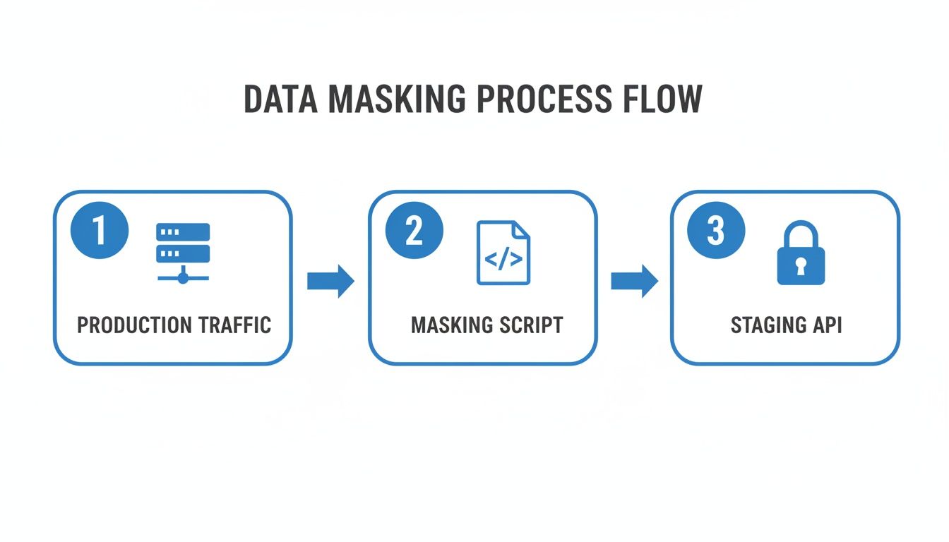 A data masking process flow diagram showing production traffic, a masking script, and a staging API.