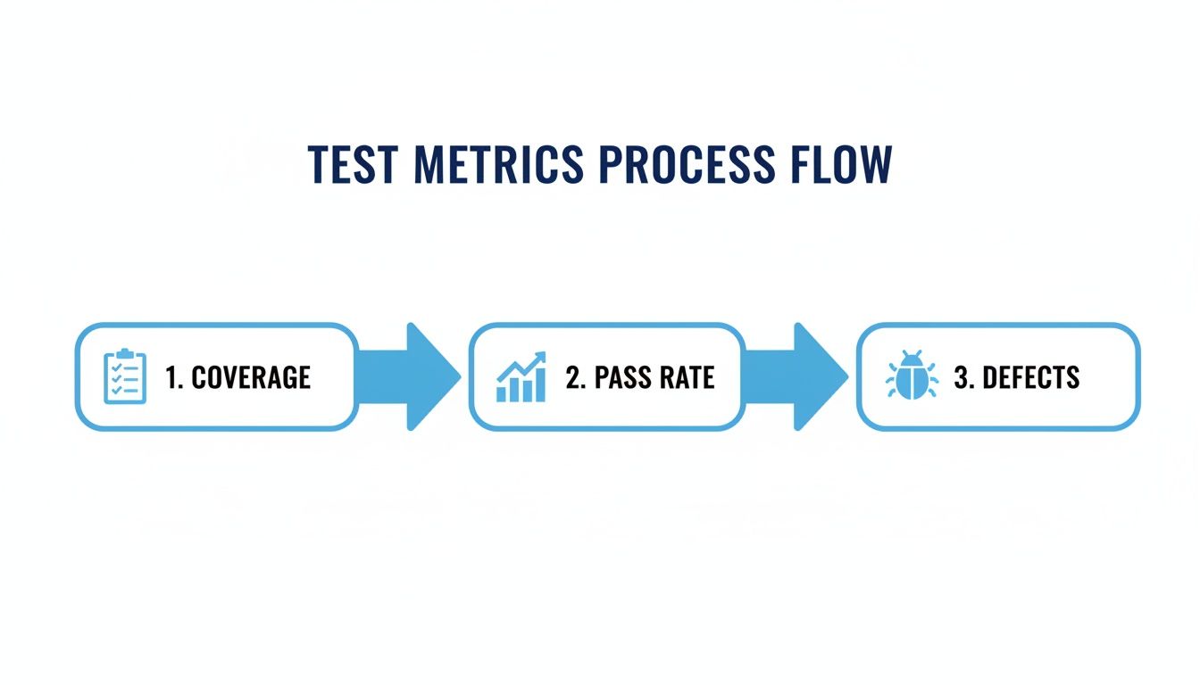 Test Metrics Process Flow illustrating the steps for analyzing Coverage, Pass Rate, and Defects in software testing.